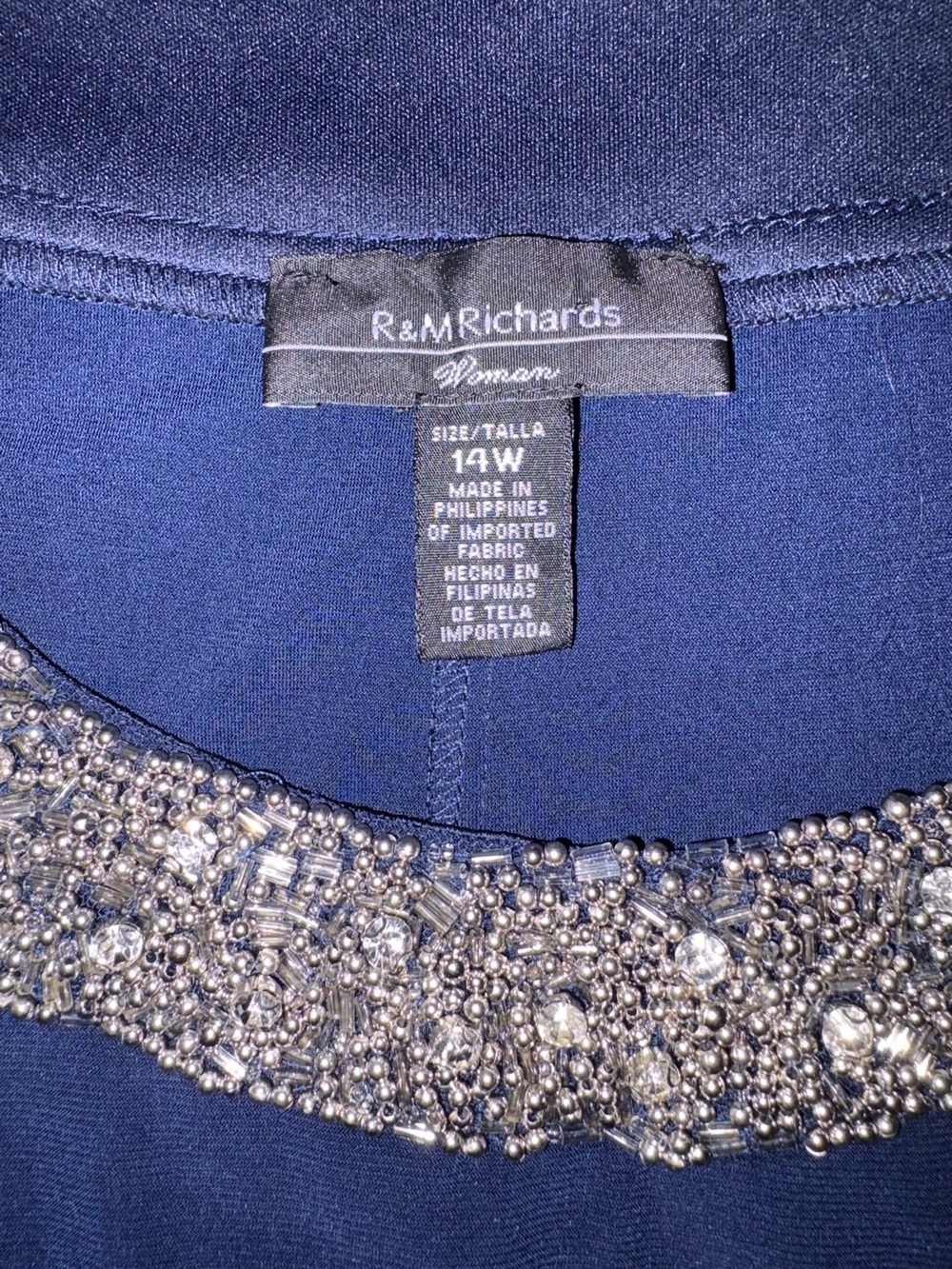 Elegant R&M Richards Navy 2 Piece Dress with Beaded & Rhinestone Jewel Neckline - Picture 13 of 16